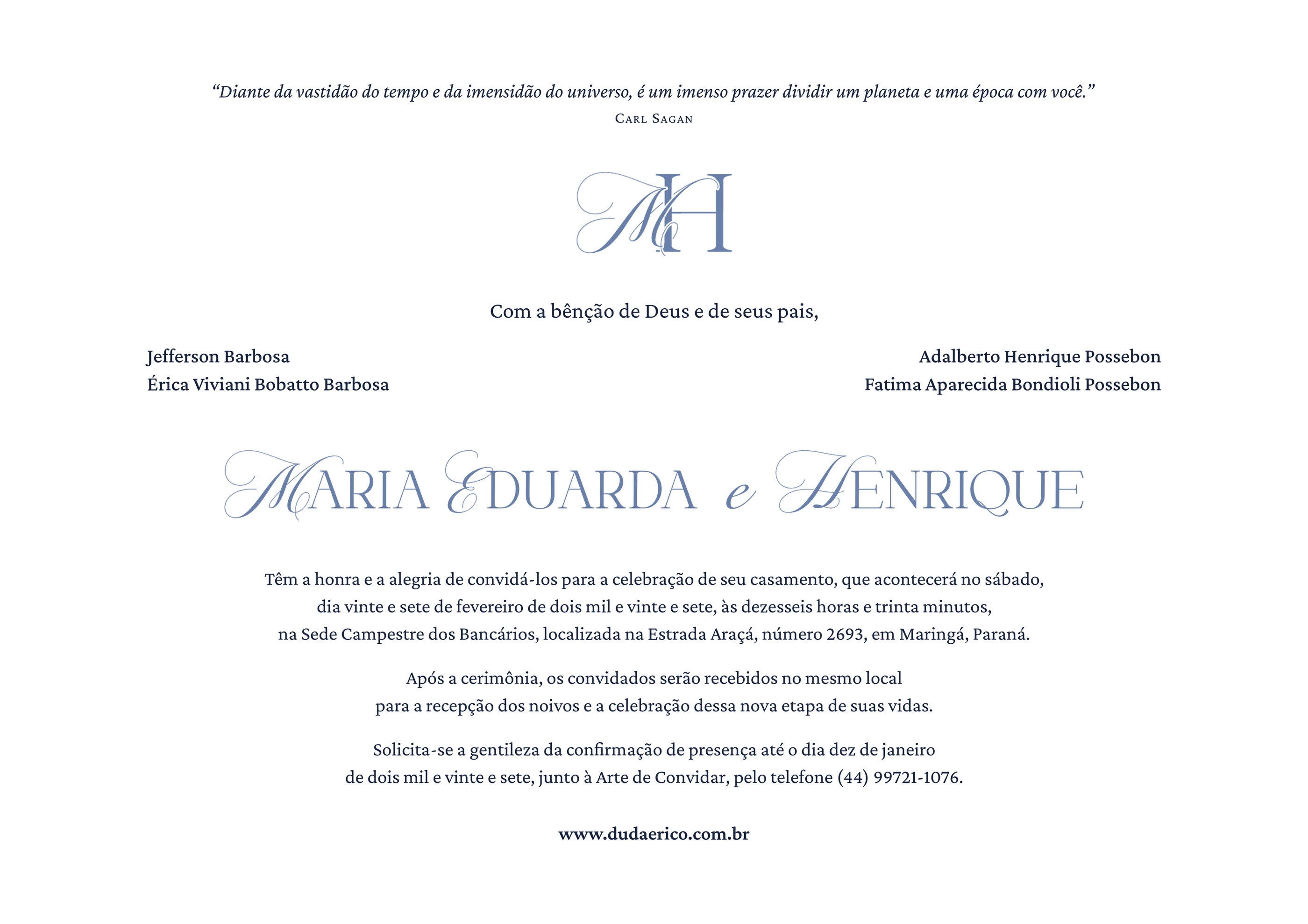 Convite de casamento de Maria Eduarda e Henrique
